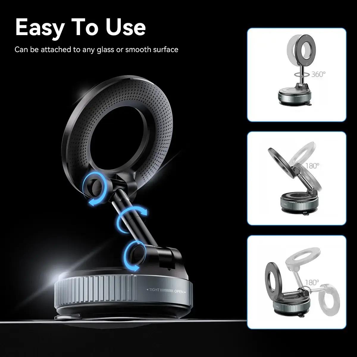 Upgraded Vacuum Magnetic Phone Holder, 360° Adjustable Dashboard Stand, Phone Mount for Car/Gym/Mirror, Compatible with iPhone & Android