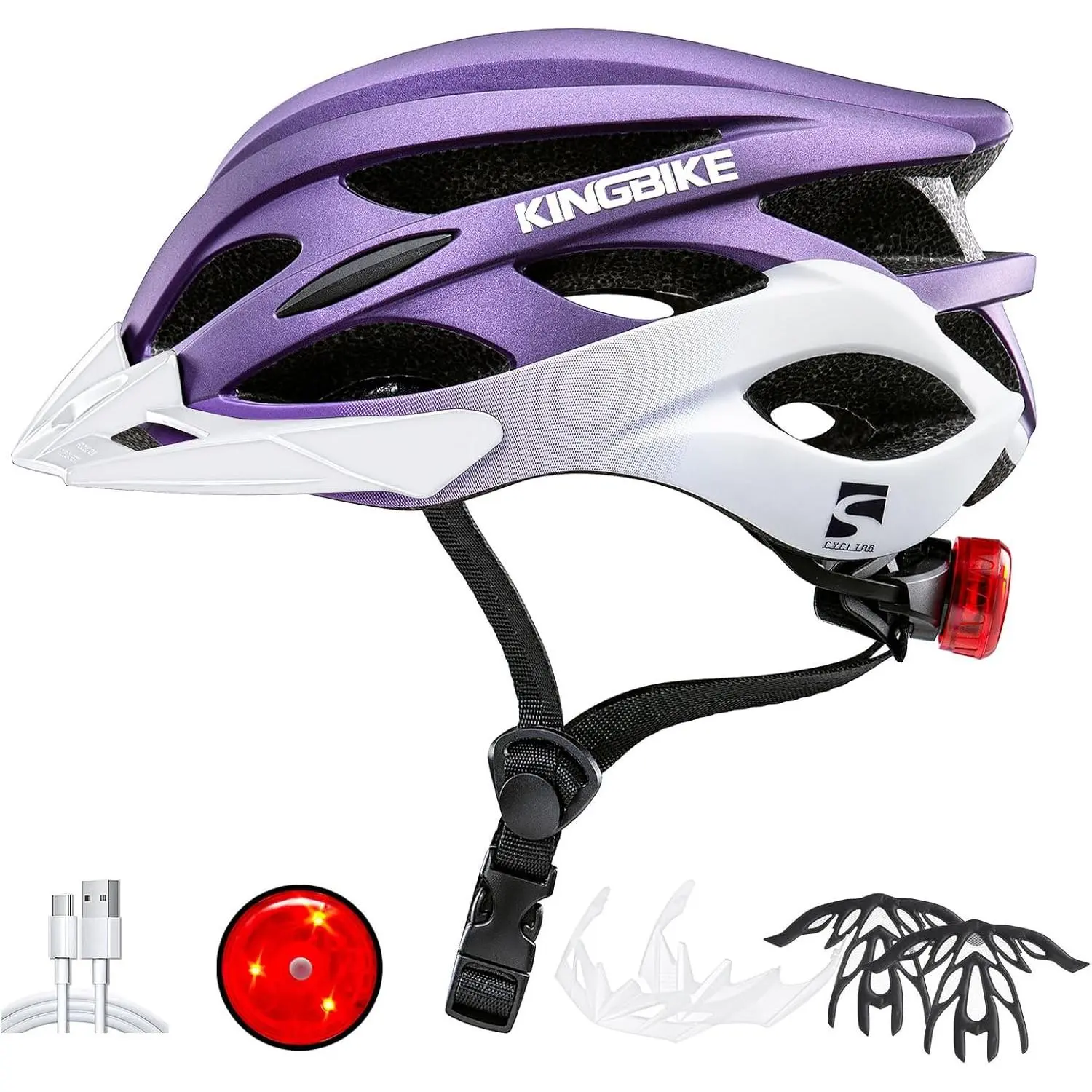 Unisex Polycarbonate Full-Shell Adult Bike Helmet with EPS Foam - Adjustable, 24 Vents, USB Port LED Light, Dial-Adjust Fit, Detachable Parts, Rechargeable, Replaceable Padding, Visors, Lightweight, Mountain Biking/Road Use, M/L Sizes, 12 Months Guarantee
