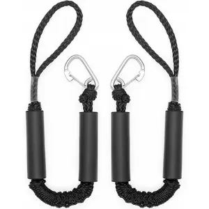 2-Pack Marine Grade Bungee Dock Lines – 2FT Boat Accessories with Stainless Steel Clips, Stretch Shock-Absorbing Mooring Ropes for Boats, Pontoons, Black