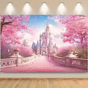 Pink Cherry Blossom Fairy Castle Backdrop – Dreamy Castle & Full Cherry Blossom Scene, Perfect for Princess Theme Parties & Girly Decor, Brings Magical Sweet Vibe, A Charming Fantasy Gift, 2D Print