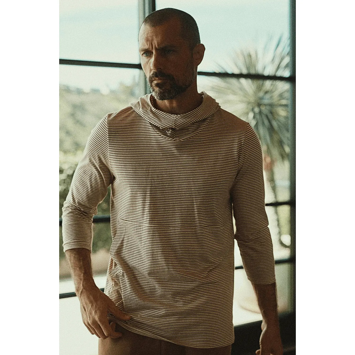 Men's Cotton 3/4 Sleeve Cowl Neck Visor Hoodie