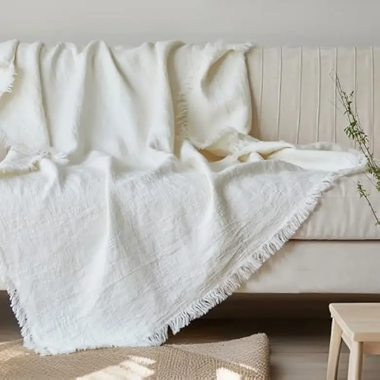Simple&Opulence 100% French Flax Linen Throw Blanket, 55x75in 2-Layered Farmhouse Boho Tassels Edge Blanket for Couch, Bed, Breathable Natural Cozy Decor, Room Decor, TikTokShopSummerSale, Wedding