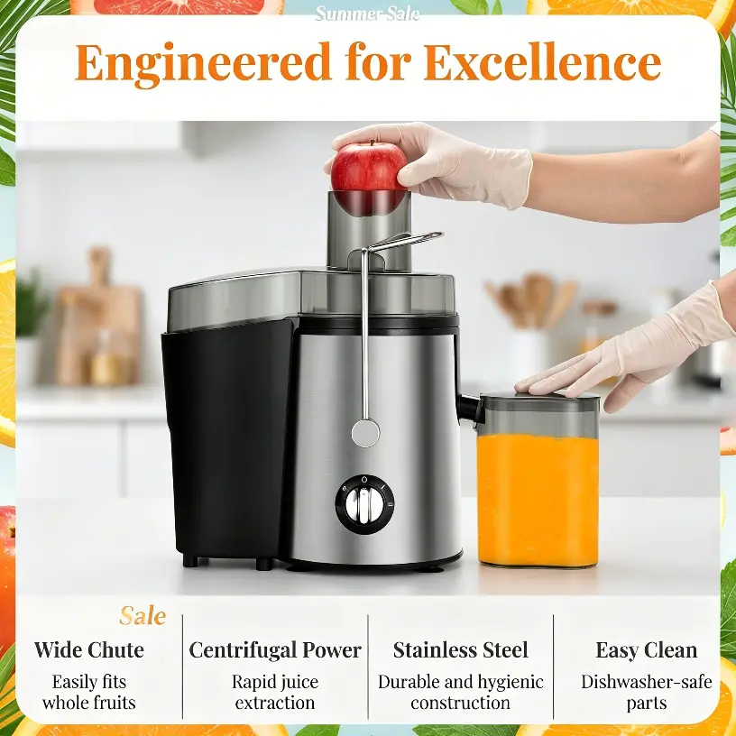 Juice extractor machine with three speed settings, suitable for various fruits and vegetables. Easy-to-clean kitchen appliance: vegetable slicer juicer, fruit and vegetable chopper—a small kitchen gadget.