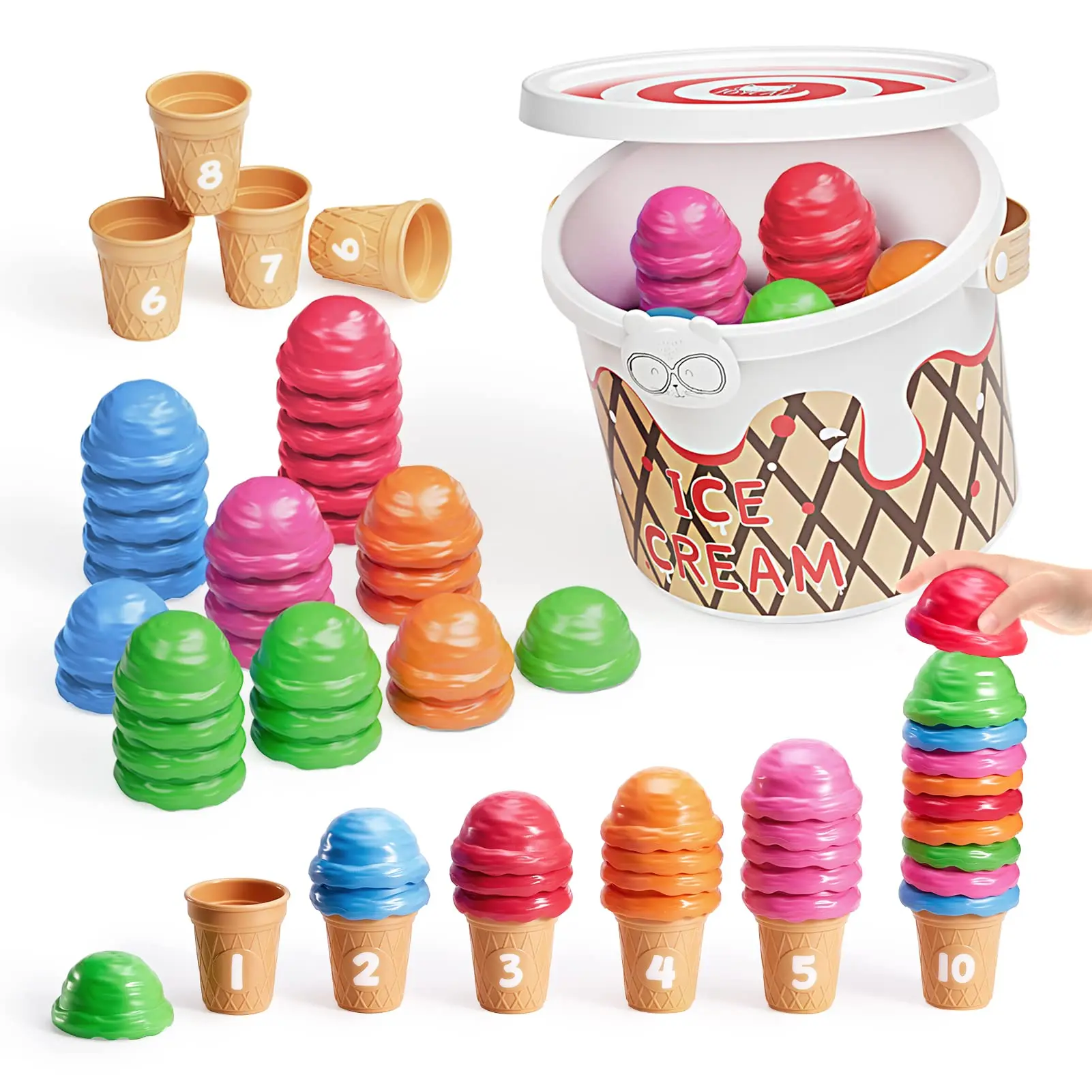 JoyCat Fun Ice Cream Play Set - Preschool Interactive Learning Toy for Ages 4+, Maths Learning Materials, Counting, Color Sorting, Montessori Fine Motor Skills Stacking, Kids Toys, Gifts For Kids, Toys And Colors summerwins