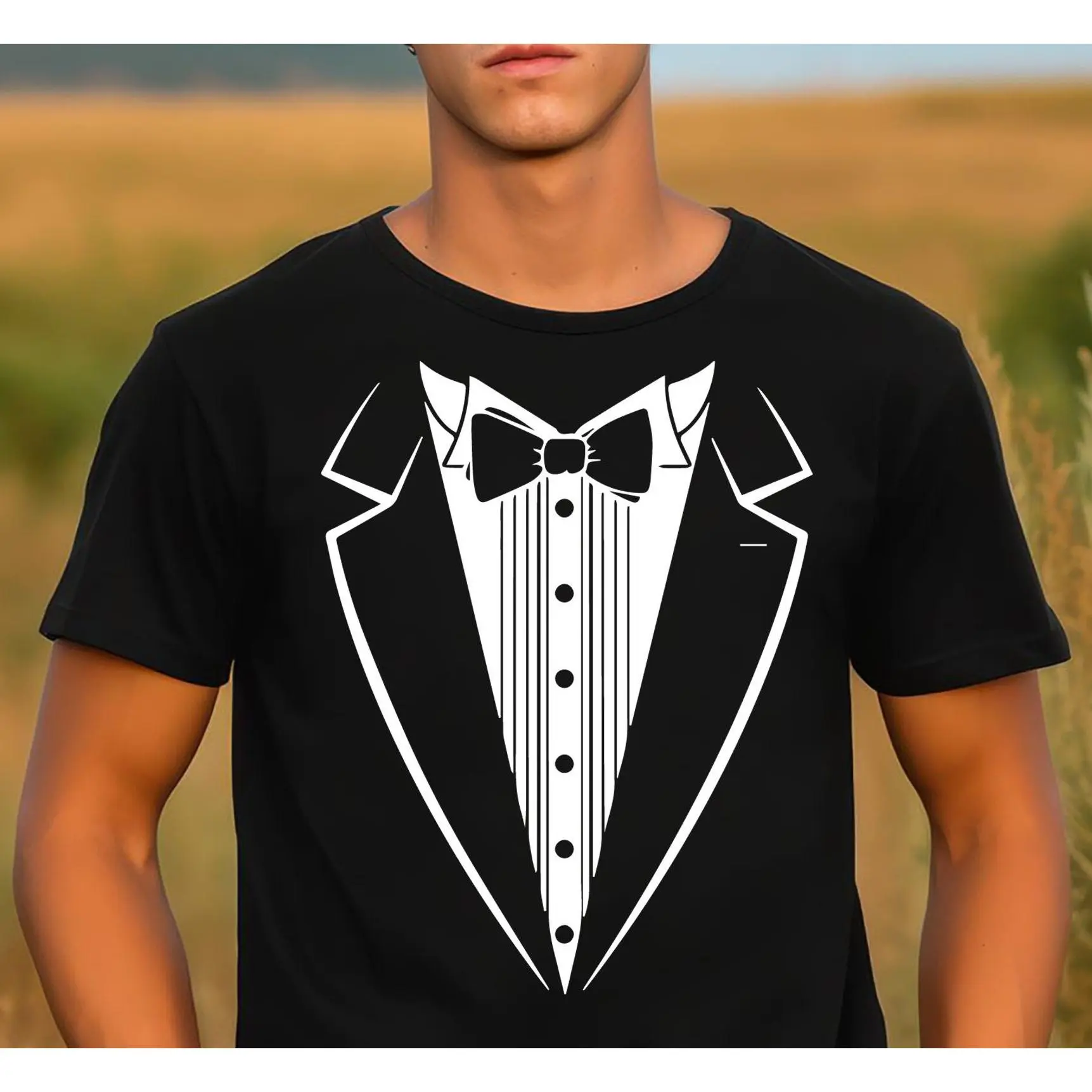 Men's Cotton Tuxedo Tshirt - Round Neck, Shortsleeve, Smooth Soft Fabric, Seamless, Casual Graphic Design for Groomsmen, Bachelor Party