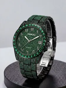 A men's fashion green shiny decorated automatic mechanical watch with Roman numeral dial, trendy and versatile, suitable for daily wear, showing elegance with a refined appearance that enhances charm