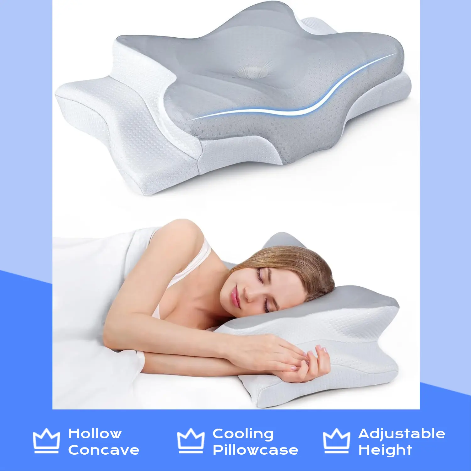 Orthopedic Cooling Cervical Pillow for Sleeping - Adjustable Fit, Breathable Mesh, Contoured Hollow Concave Shape, Odorless Ergonomic Memory Foam, Neck Support for Side & Back Sleepers, 3D-Textured Anatomical Additive-Free Body-Safe Neck Pillows, Pillows