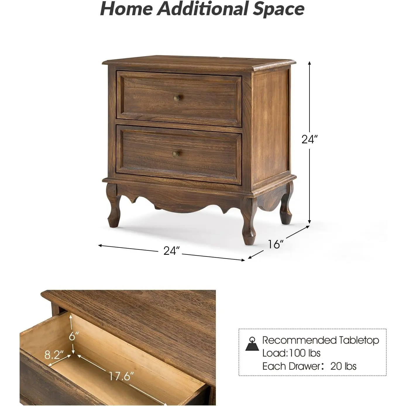 HULALA HOME Solid Wood Nightstands Set of 2 with Charging Station, Vintage Night Stands with Wood Legs and 2 Drawers, French Bedside Tables for Bedroom Living Room, Walnut