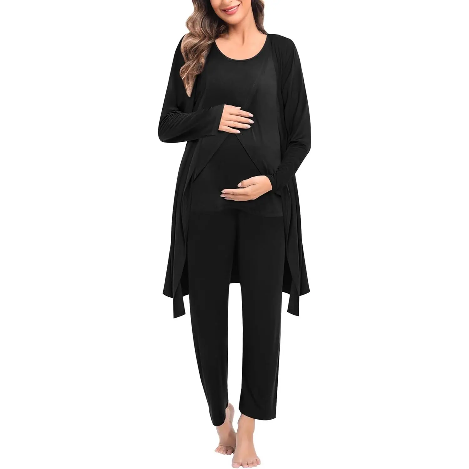 Maternity Nursing Robe Set 3 PCS Postpartum Breastfeeding Pajamas Hospital Pregnancy Pjs Double Layer Lounge Set Loungewear Nightwear Womenswear Day Homewear Elegant Nightwear Sleeve Womenswear Babies Comfy Elastic Essential Fabric Long Sleeves