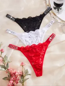 Women's Sexy Lace Thong Panties Set, Soft Breathable Rhinestone Letter Design, Multiple Colors Sizes S-L, Daily Wear & Sports Use