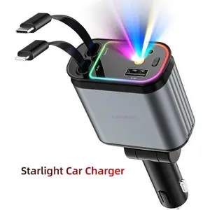 Car Charger with Starlight, 4 in 1 Retractable 66W USB C Car Charger with 2 USB Ports, Fast Car Charger Compatible with  iPhone 16 and Android