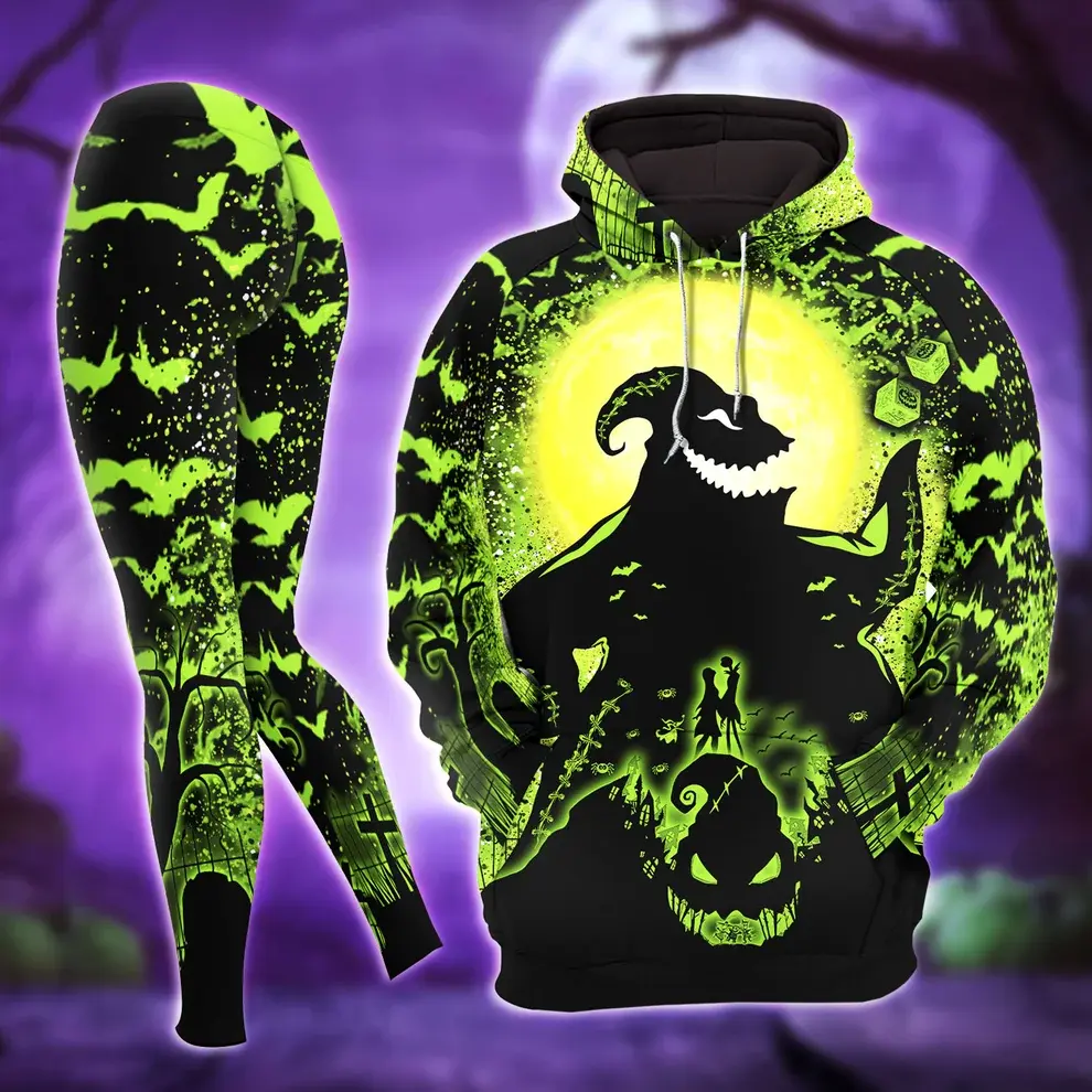 Neon Green Halloween Hoodie and Leggings Set, Spooky Boogeyman Bat Graphic Outfit, Gothic Moon Tracksuit, Horror Fan Gift
