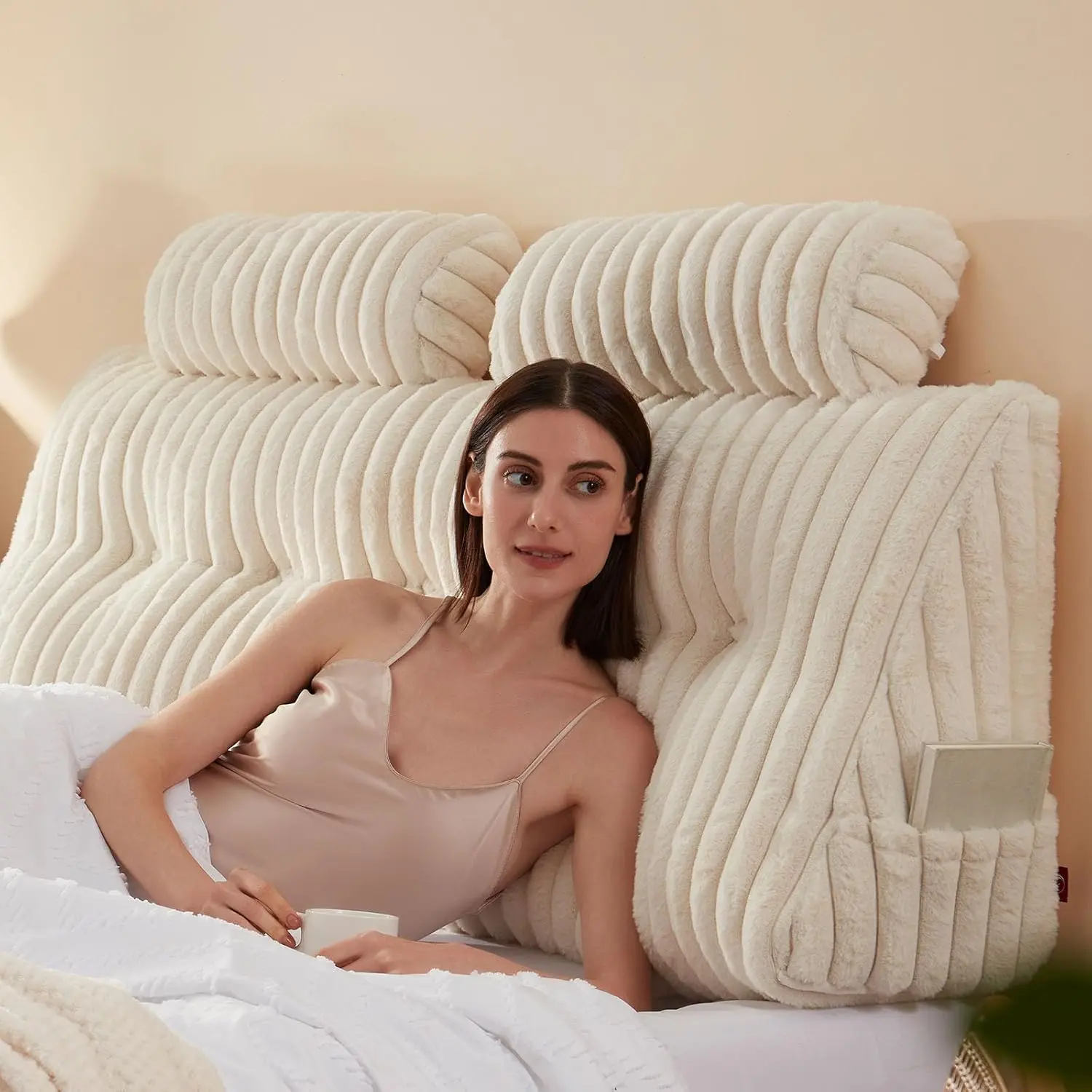 Faux  Headboard Pillow with 2 Pack  Roll Pillow Large Headboard Pillow Soft and Supportive with Removable Cover (Beige, )