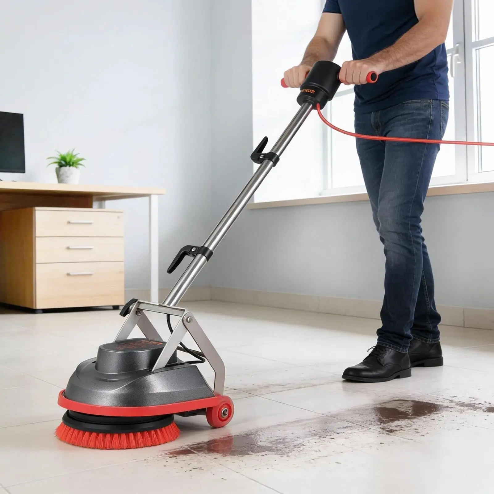 VEVOR Commercial Corded Floor Cleaner Machine, Heavy Duty Adjustable Speed Electric Carpet Buffer (Max 1900 RPM) with 2 Wheels, 13 m/42.65 ft Power Cord, 3 Pads & 3 Brushes, Stores-Friendly Tool for All Surfaces