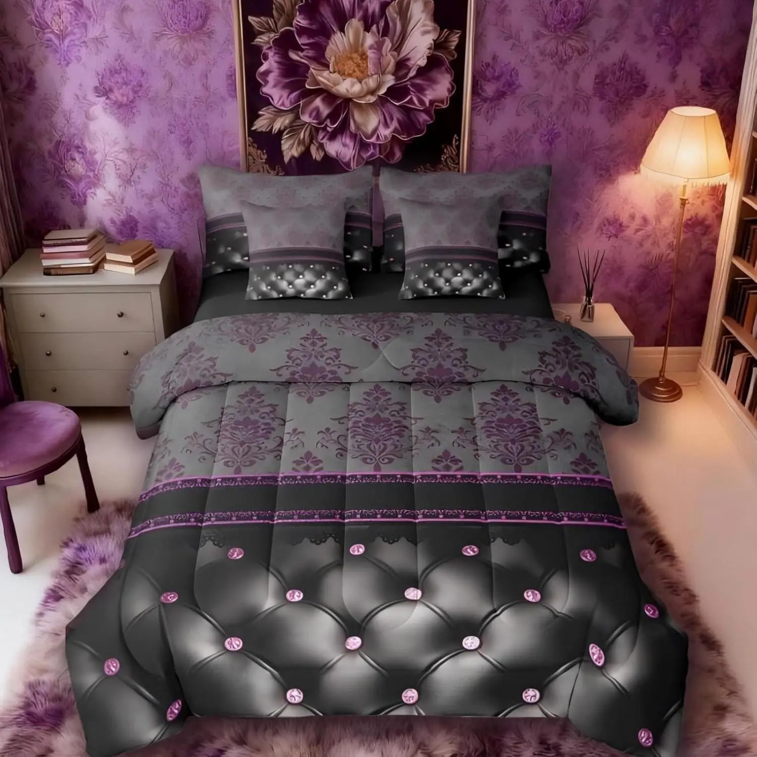 Purple Damask Comforter Set with Sheets | Antique Decor Gothic Vintage Floral 7-Piece Bedding Set,Luxury Black Diamond Texture Pattern Bohemian Bed in a Bag,Goth Victorian Bed Sets