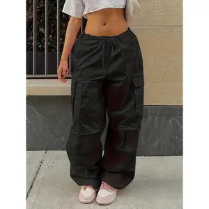 Plus Size Casual Pants, Women's Solid Elastic Waist Loose Cargo Jogger Pants, with Flap Pocket