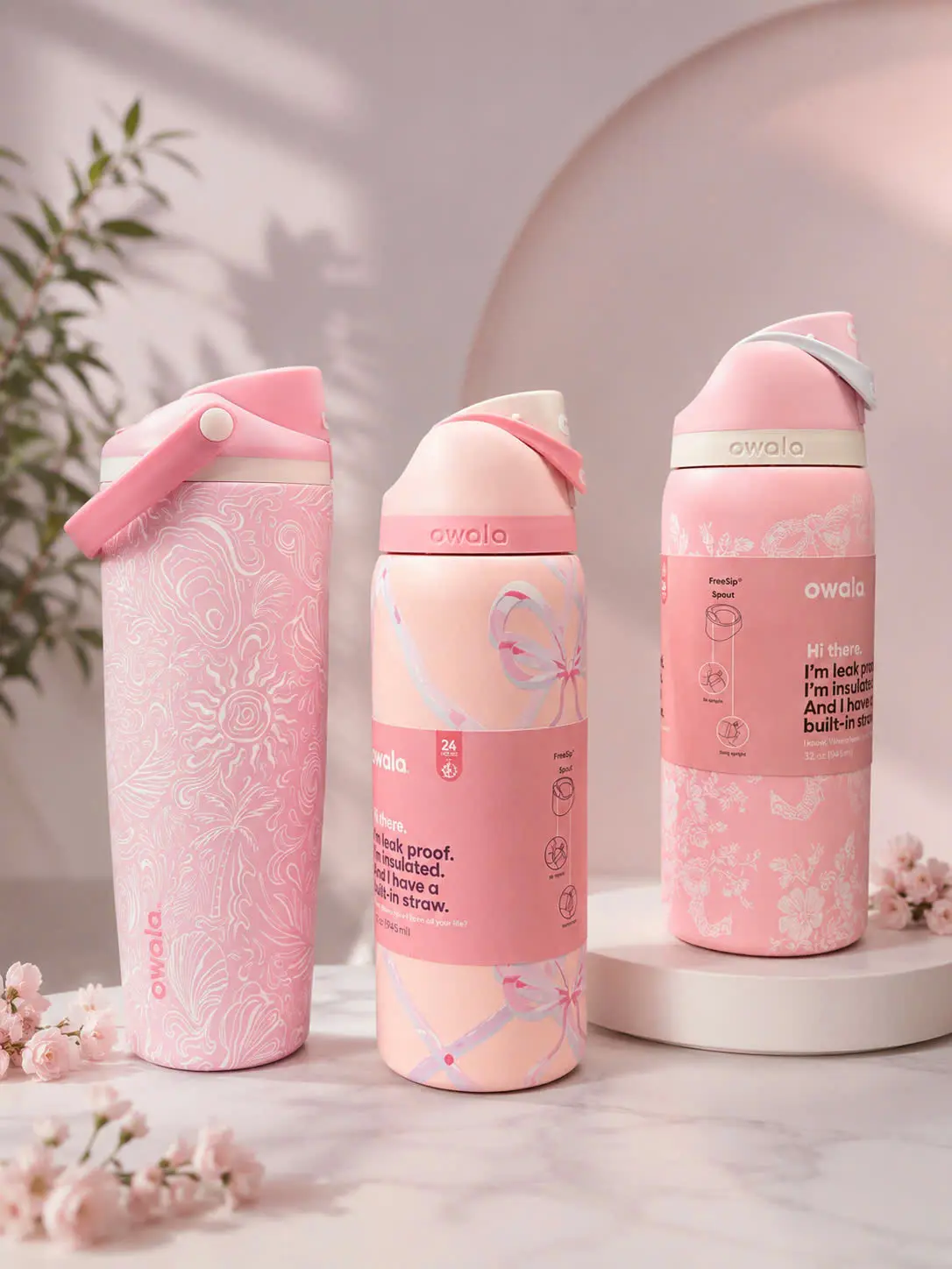 Owala Pink Insulated Reusable Water Bottle Set - 3 Styles FreeSip, Leak-Proof Lid, Built-In Straw, Cute Pastel Wide Mouth, Portable for Gym, Travel, Office, Insulation, Ice Cubes