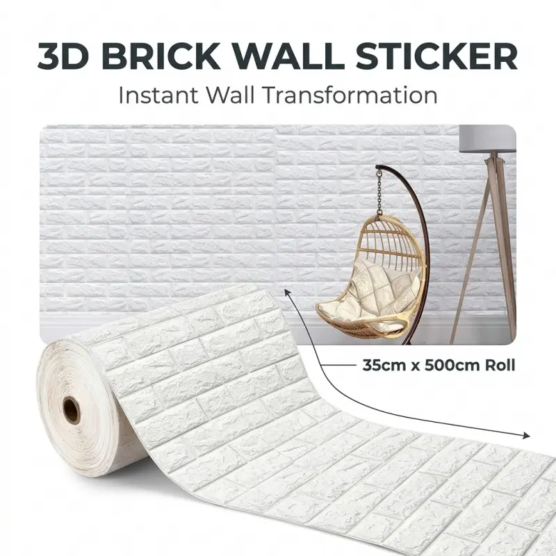 3D Brick Pattern Wall Sticker Roll, Self-Adhesive Waterproof Faux Brick Wallpaper, Peel and Stick Wall Decor for Living Room & Bedroom