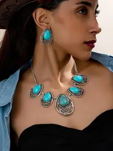Boho Style Turquoise Decorated Jewelry Set, Vintage Style Pendant Necklace & Dangle Earrings, Fashion Decorative Jewelry Accessories for Women
