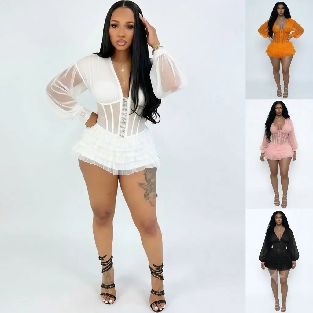 Women's 4-Color Polyester Corset Mini Jumpsuit - Plunge V-Neck, Long Sleeve Sheer Lantern Sleeves, Tiered Ruffle Hem, Bodycon Vibe - Night Out Clothes for Women Going Out Outfit Clubwear, Belted Waist