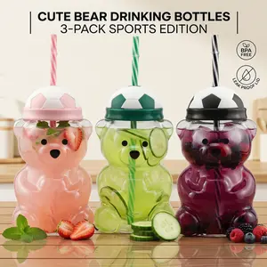 20oz Soccer Bear Sipper Bottle Set – Cute Football-Themed Bear Cups with Straw, BPA-Free Leak-Proof Drink Bottles for Kids, School, Sports Games & Outdoor Adventures
