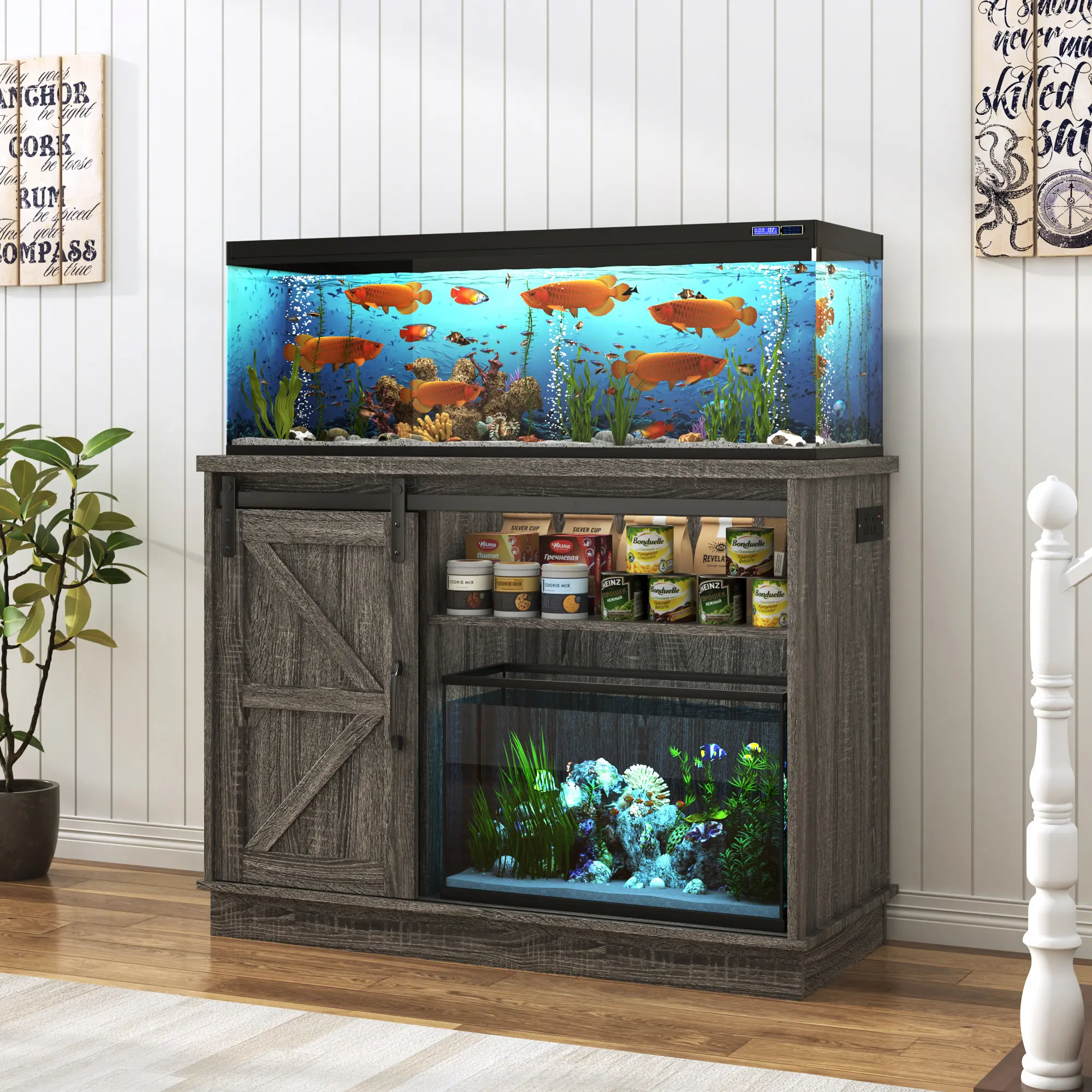 Farmhouse Aquarium Stand for Aquarium Setup - Fish Tank Cabinet with Sliding Barn (Hidden Gear) Door, Shelf Height Adjust Shelves, Power at Hand Built-In Outlets, 41.9" W × 18.3" D × 31.5" H