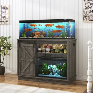 Farmhouse Aquarium Stand with Sliding Barn Door, Fish Tank Cabinet with Adjustable Shelves & Built-In Power Outlets