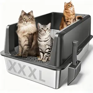 XXXL Stainless Steel Litter Box Extra Large Cat Litter Boxes Easy To Clean Reduce Odor Metal Litter Box with Lid for Multiple Cats High Sided Non-Sticky Anti-Urine Leakage Litterbox