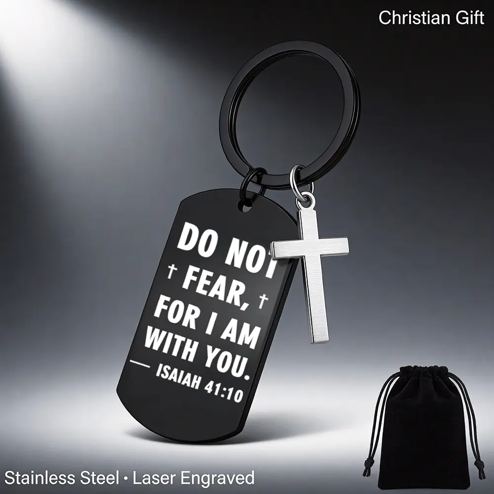 Unisex Stainless Steel Laser-Engraved Bible Verse Dog Tag Keychain with Cross Charm, Rust-Resistant Religious Faith Gift for Family with Gift Bag