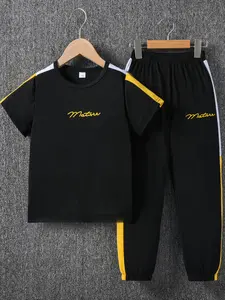 Two-piece Set Boy's Letter Print Short Sleeve Tee &  Jogger Pants Set, Casual Round Neck T-shirt & Sweatpants, Summer Clothes for Kids Outdoor Sports, Sporty Breathable Outfits