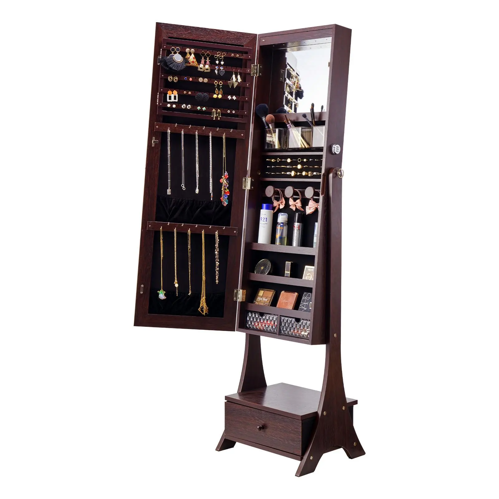 【Summerfinds】VEVOR Mirror Jewelry Cabinet Standing Mirror with StorageLockable Jewelry Mirror Organizer with Full Length MirrorVelvet LiningInterior LED LightDrawerFreestanding Jewelry ArmoireBrown