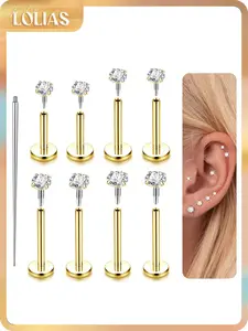 LOLIAS 14K Gold Plated Flat Back Stud Earrings - 316L Surgical Steel Internal Thread CZ Stud Piercing Jewelry for Tragus Helix Cartilage Conch Nose Hypoallergenic Lip Labret Medusa Piercing 16G 18G