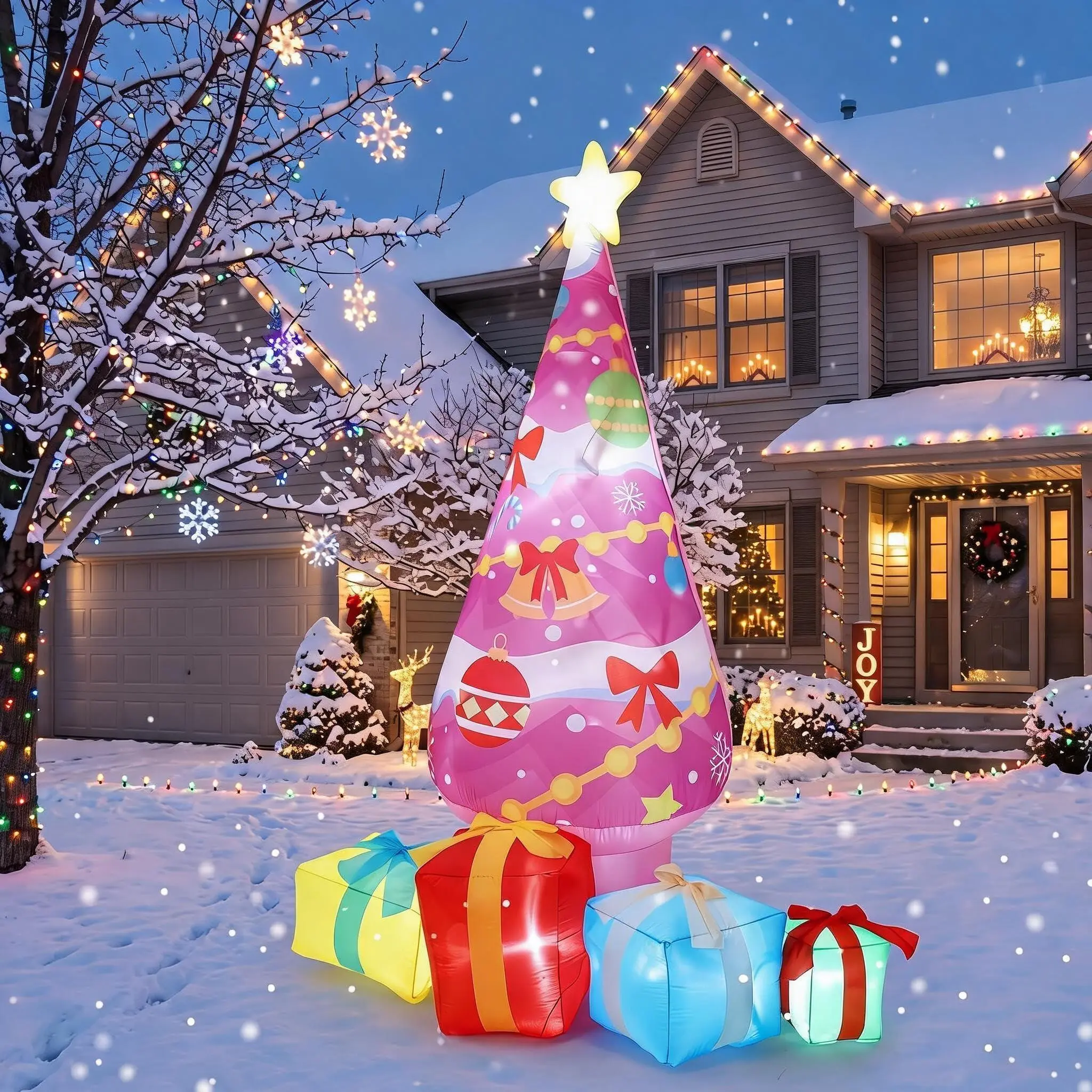 7 FT Pink Christmas Tree Inflatable Outdoor Yard Decorations | Giant Blow Up Christmas Tree, Built-in LED Lights & 4 Gift Boxes, Waterproof Holiday Outside Decor for Garden Lawn Party