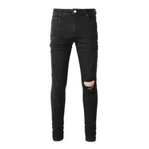 Classic black men’s jeans, twill denim cutout pants, streetwear, tapered jeans, high-quality beige men’s apparel