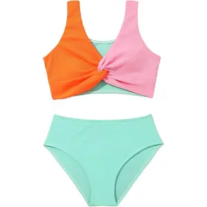Girls Two Piece Swimsuits Teen Bikini Color Block Girls' Swimwear Ribbed Girls Swimsuits Size 8-16