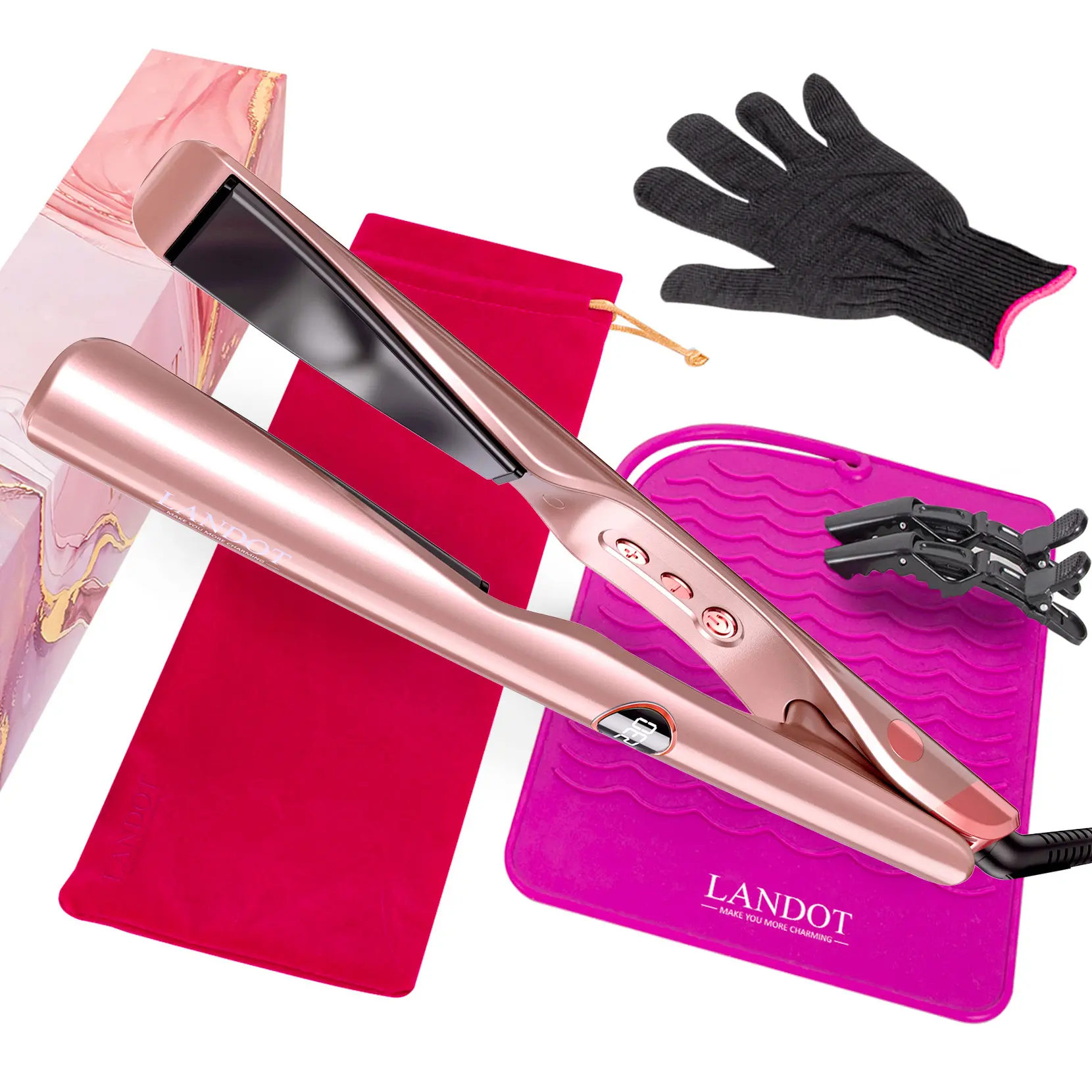 LANDOT 2-in-1 Ceramic Twist Straightening & Automatic Curling Iron - Dual Voltage Flat Iron, Anti-Frizz Ionic, 12 Temps (250-450°F), All Hair Types, 30s Fast Heat-Up, Smooth Glide Floating Plates, Daily Gift