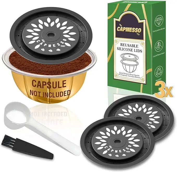 3 count CAPMESSO Reusable Coffee Capsule Lids for Reusable Nespresso Pods Vertuo, Food Grade Silicone Caps for Any Sizes of Refillable Vertuo Pods with Scoop and Brush(3 count Silicone Caps) nespresso  vertuo