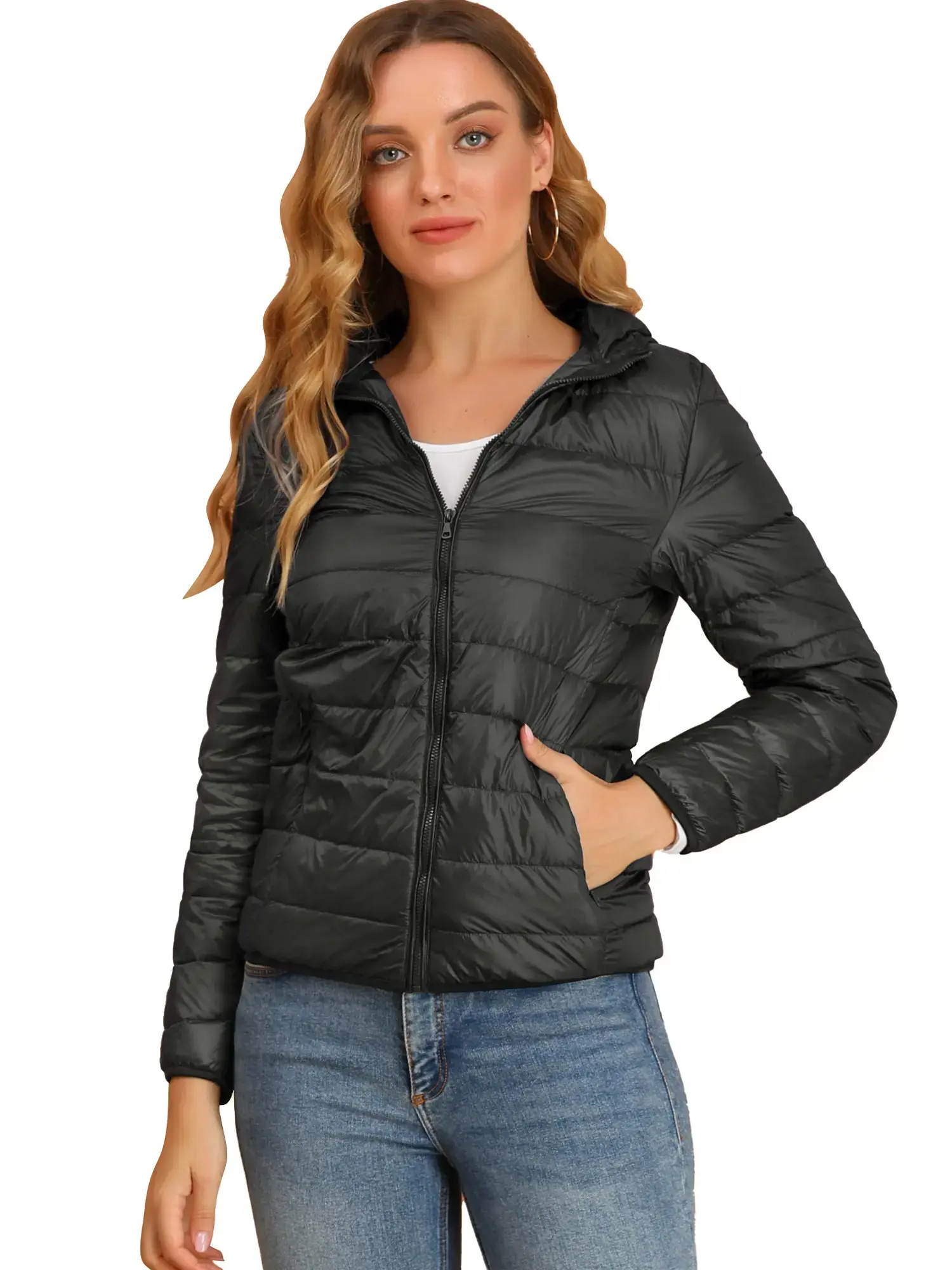 Puffer Coat Winter Long Sleeve Zip Up Hooded Lightweight Packable Down Jacket