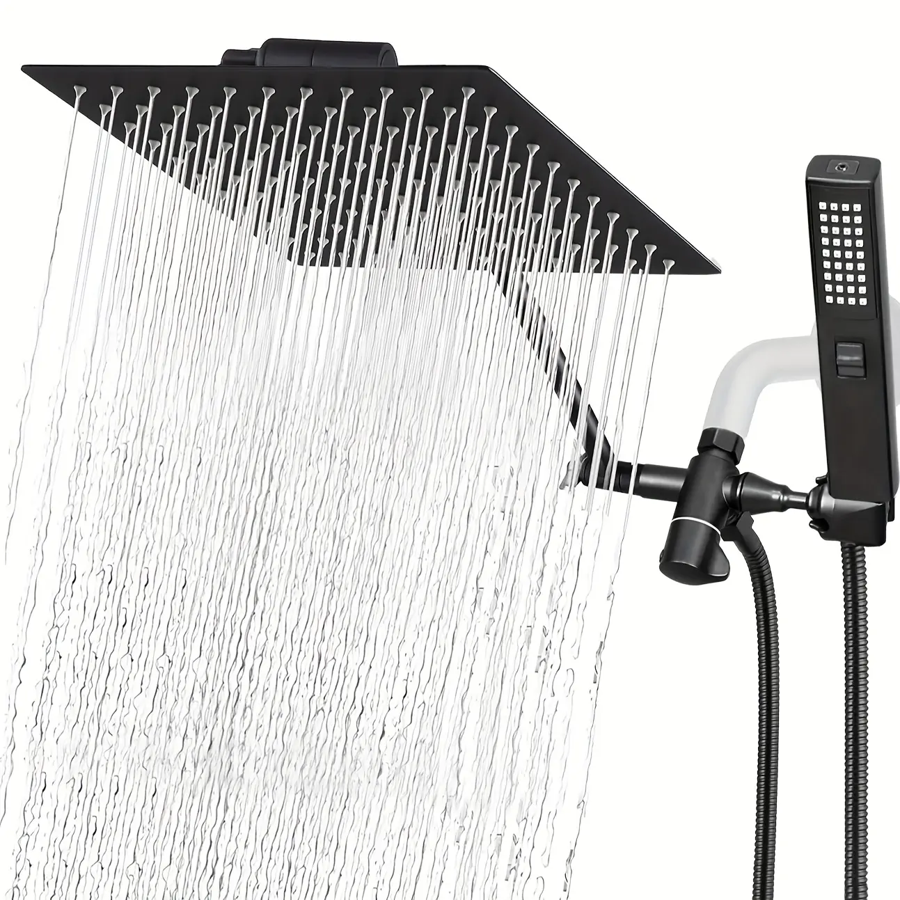 Wall Mount Dual Square Rainfall & Handheld Shower Head Combo (8-10 in, 8 to 11.9 in Range) - Multi-Function, 77 in Long Extendable Flexible Hose, 3-Way Diverter, Adjustable Extension Arm, Bathroom Upgrade Fixture