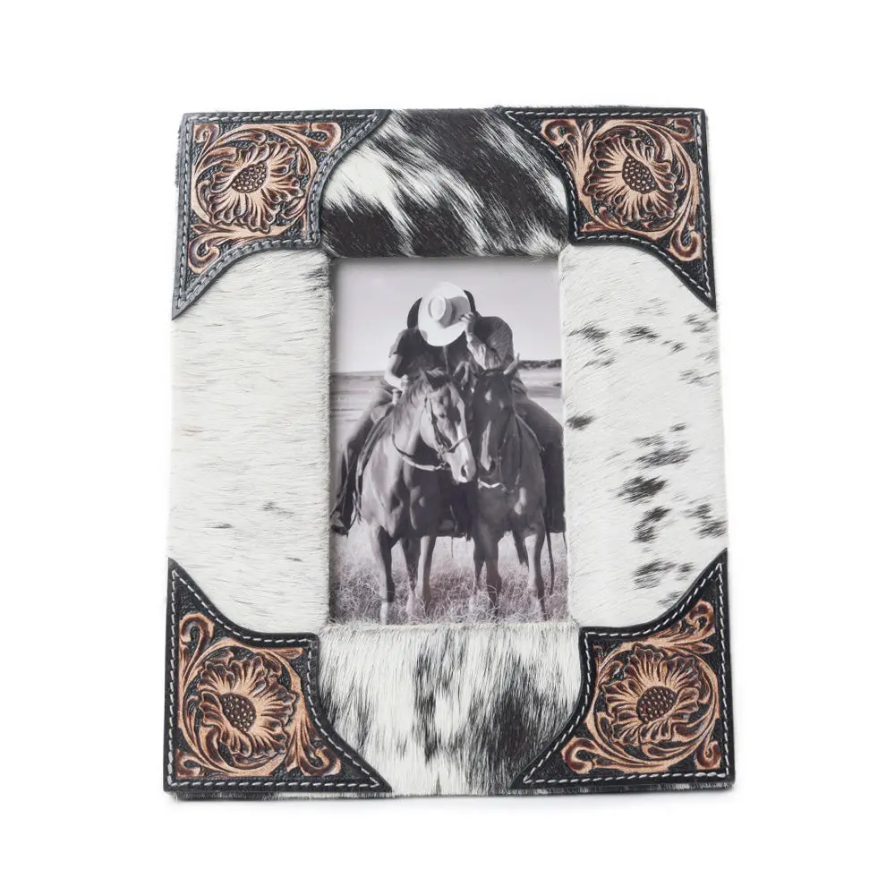 Myra Tumbleweed Trail Hair-On Cowhide Photo Frame in Black and White, Western Home Decor