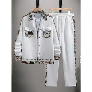 Men'S Inner Casual White Jacket, with Partial Patchwork Design, Paired with Geometric Nomadic Style Colorful Print Cardigan Jacket And Elastic Waist Tie Trousers, Forming a Two-Piece Set, Suitable for Men'S Autumn And Winter Suits for Casual Outings