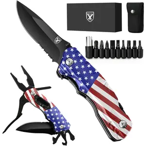 Pocket Knife Multitool American Flag, US Flag Folding Knife, Gifts for Men Dad Him, Christmas Stocking Stuffers for Men, Birthday Gifts Ideas, Unique Camping Hunting Fishing Survival Tools