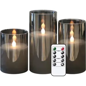 Gray Glass Battery Operated Flameless Led Candles with 10-Key Remote and Timer, Real Wax Candles Warm White Flickering Light for Home Decoration(Set of 3)