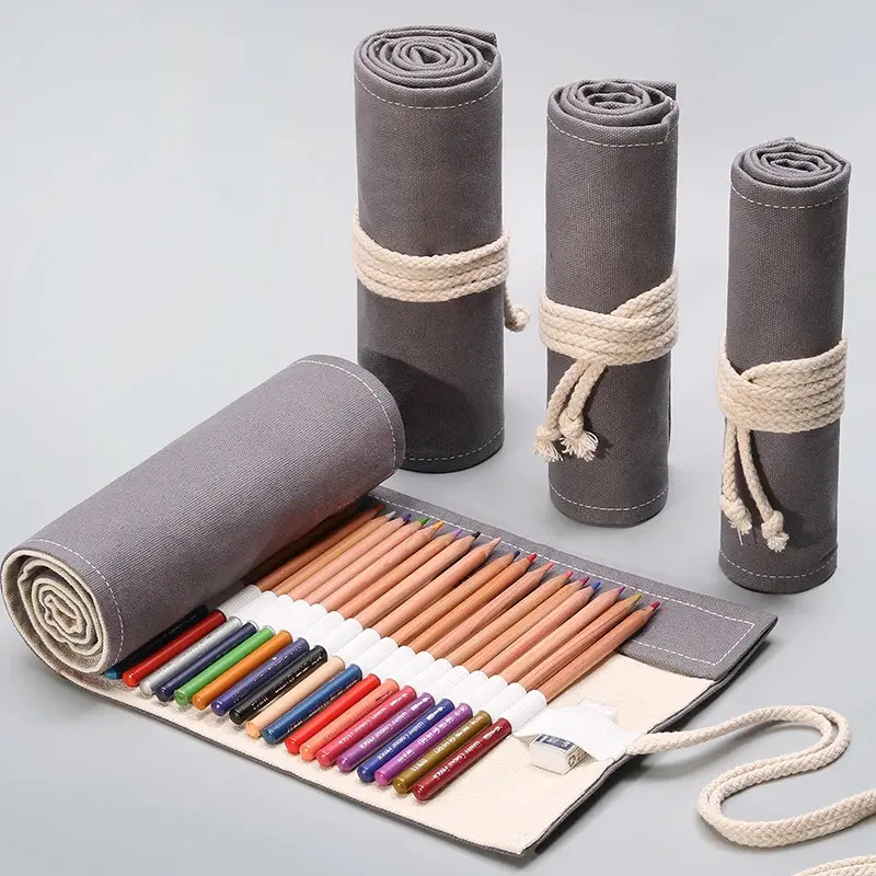 Canvas Pencil Roll Organizer, Large Capacity Plain Color Pencil Wrap Case, Portable Roll Up Pencil Pouch for Colored Pencils, Markers & Paint Brushes, Art Supplies Storage Bag for Kids, Artists, Drawing, Sketching & School Travel Use