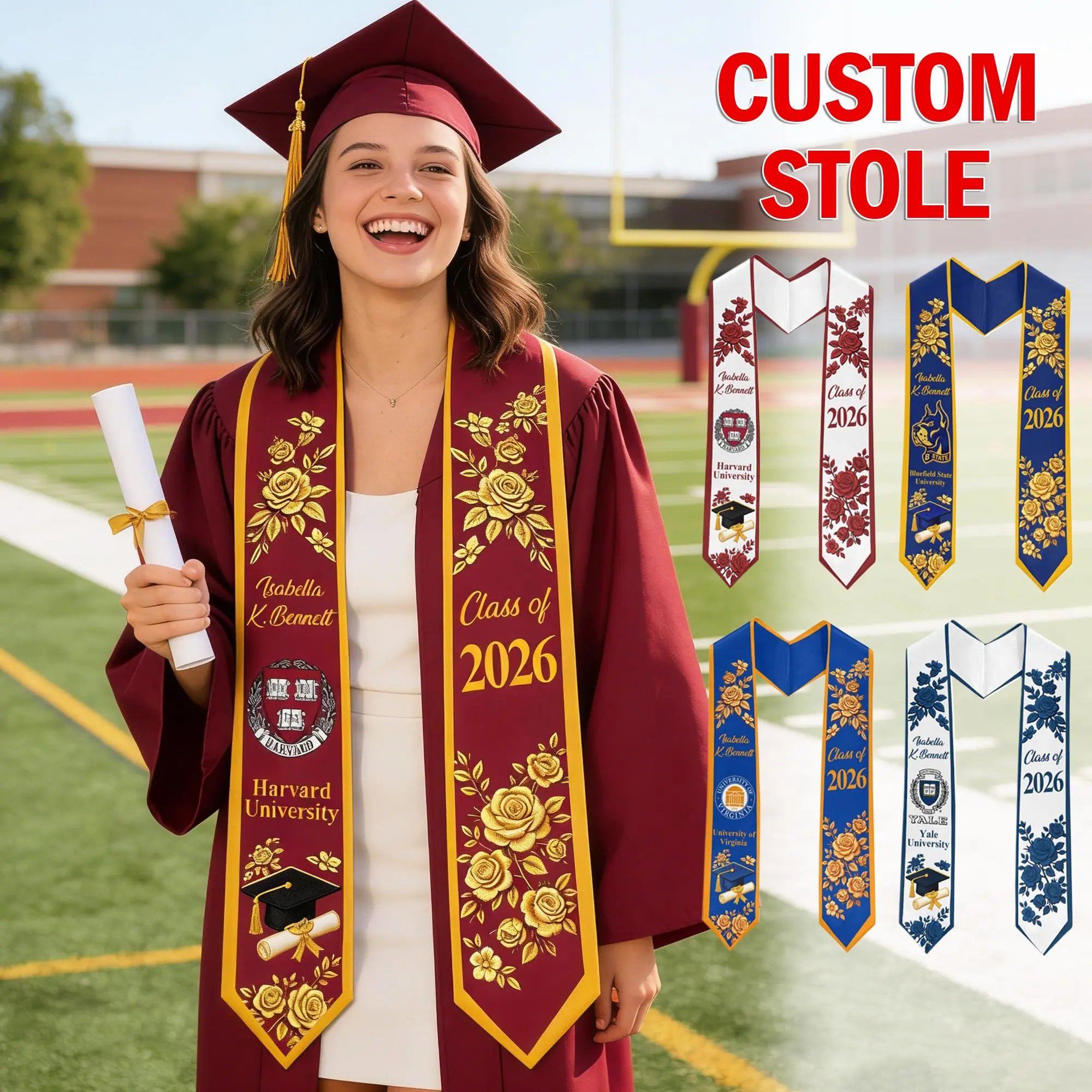 Custom Flower Graduation Stole Class of 2026, Personalized Logo & Name Graduation Sash, Graduation Gift For Son and Daughter