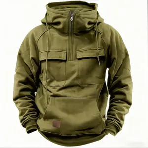Men's Tactical Quarter-Zip Cargo Hoodie Tops - Casual Long-Sleeve Streetwear Pullover with Pockets, for Workout Gym Outdoor Menswear Sweatshirts Tops