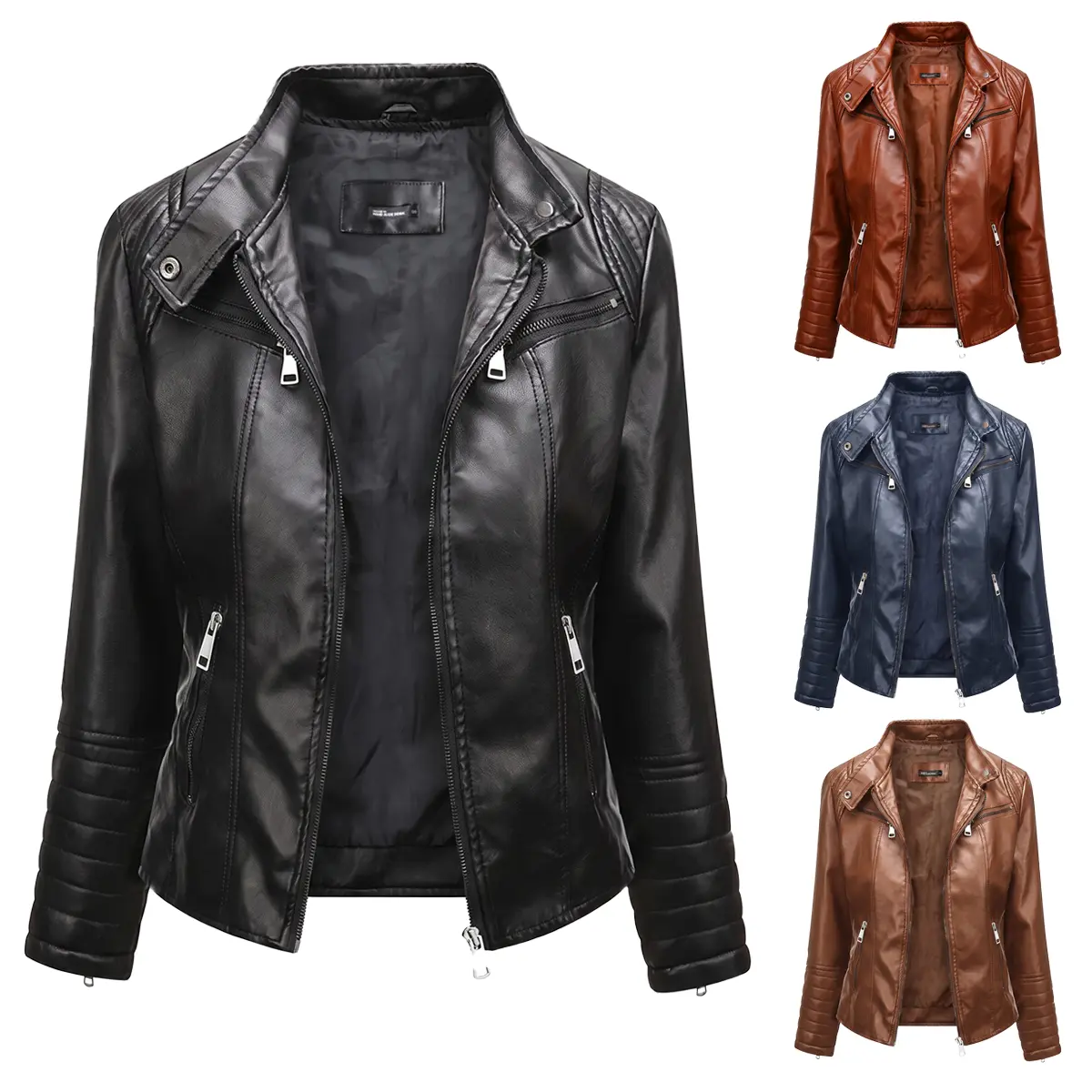 Women Black Faux Leather Motorcycle Jacket Slim Stand Collar Multi Zipper Pockets Long Sleeve PU Biker Coat Fashion Street Outerwear Spring Autumn Casual Outfits