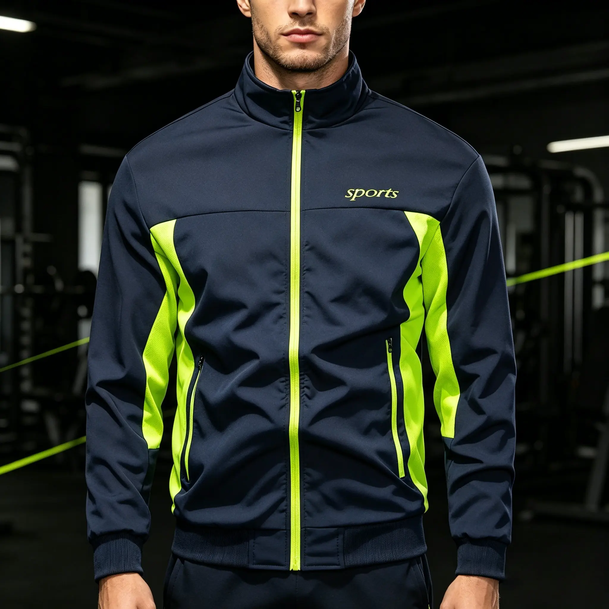 Men Quick Dry Sports Zip Jacket Navy Fluorescent Green Contrast Panel Stand Collar Lightweight Gym Running Training Track Top Fall Athletic Outerwear army bomber blazers