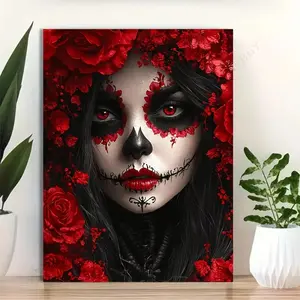Gothic Halloween Canvas Wall Art, Rose Skull Girl Framed Painting, Easy Hang Decor for Tattoo Shop & Home Decoration, Modern Home Decoration