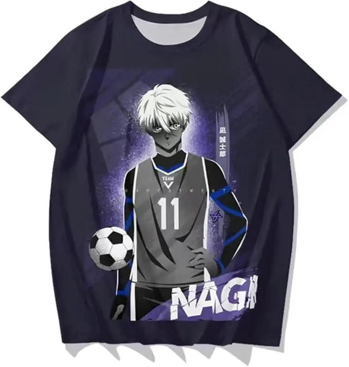 Men's Summer Front Back Dual Print Loose Fit Casual Short Sleeve T-Shirt, Blue Lock Anime 3D Print T-Shirt, Casual Unisex Top